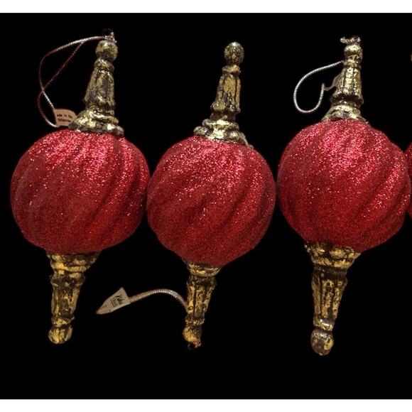 6 Katherine's Christmas Collection Red Glitter Swirl Ornaments W Gold Tips Base - Picture 8 of 10
